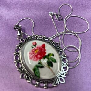 Silver Ornate Pink Floral Pendant Necklace - Women Jewelry